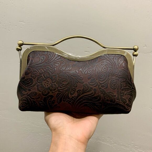 Handmade Genuine Embossed Leather Kisslock Clutch/Shoulder bag/Crossbody - Picture 3 of 14